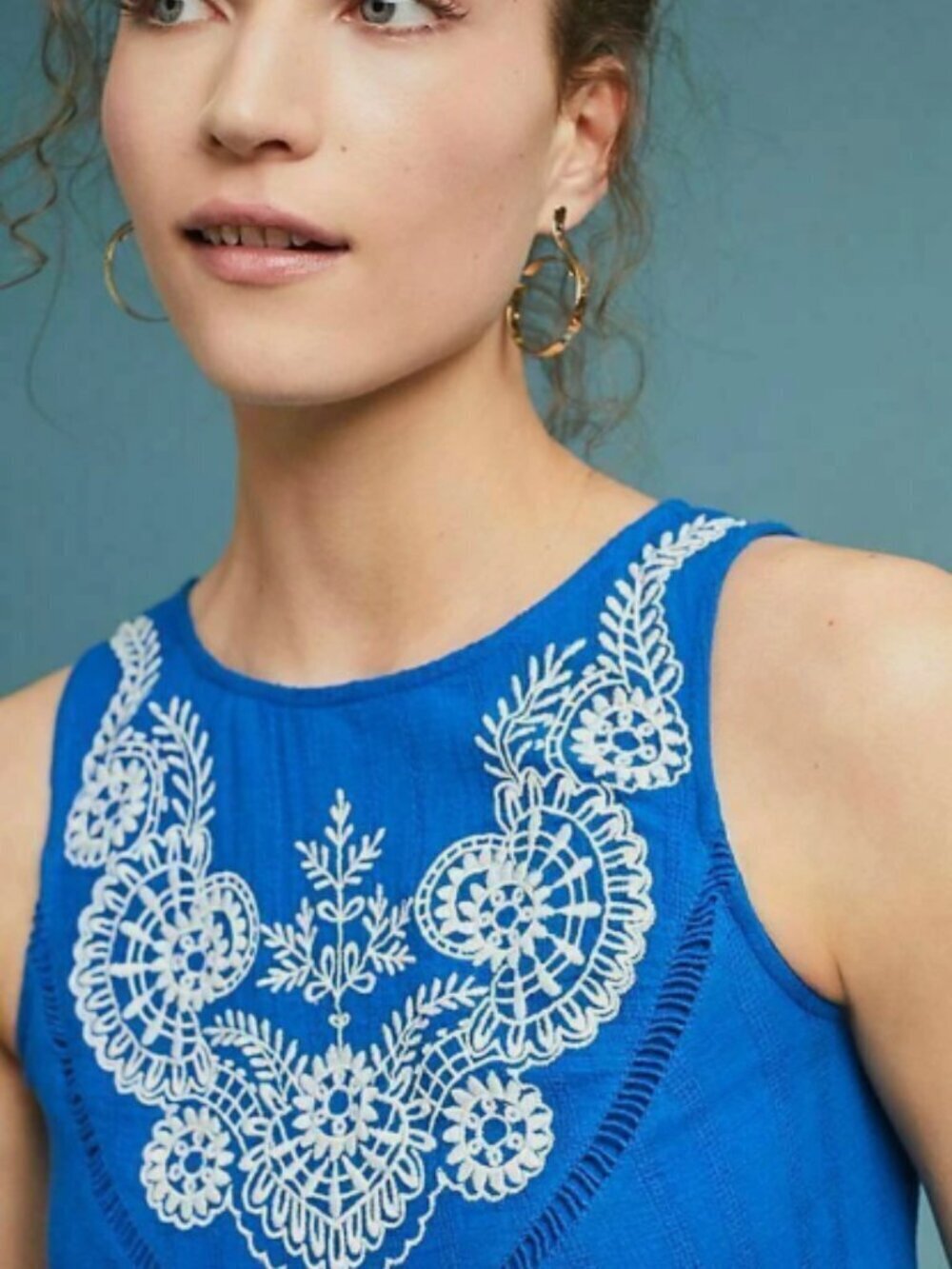 Anthropologie Meadow Rue Embroidered Blue Boho Dress Sleeveless Size 2 - Picture 2 of 9